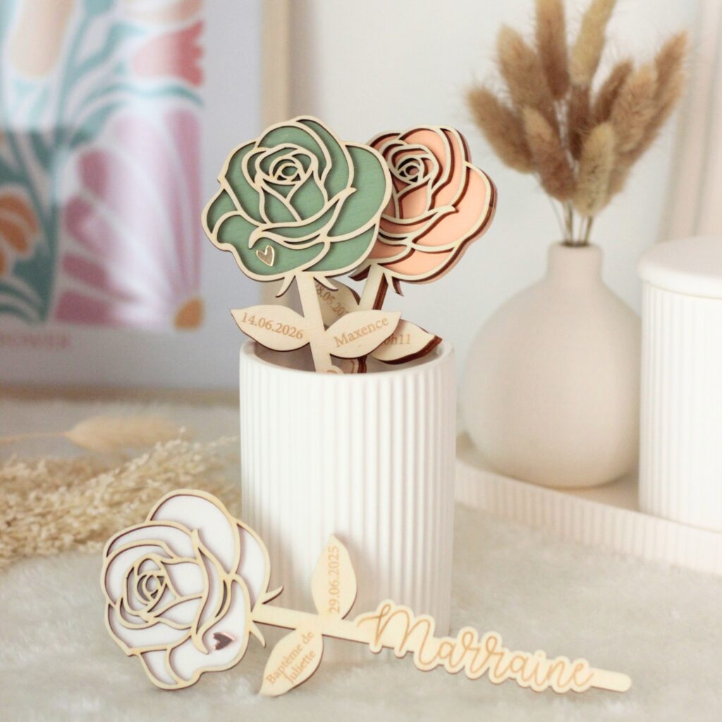 Fleurs en bois personnalisées pour baptême communion cadeau parrain et marraine