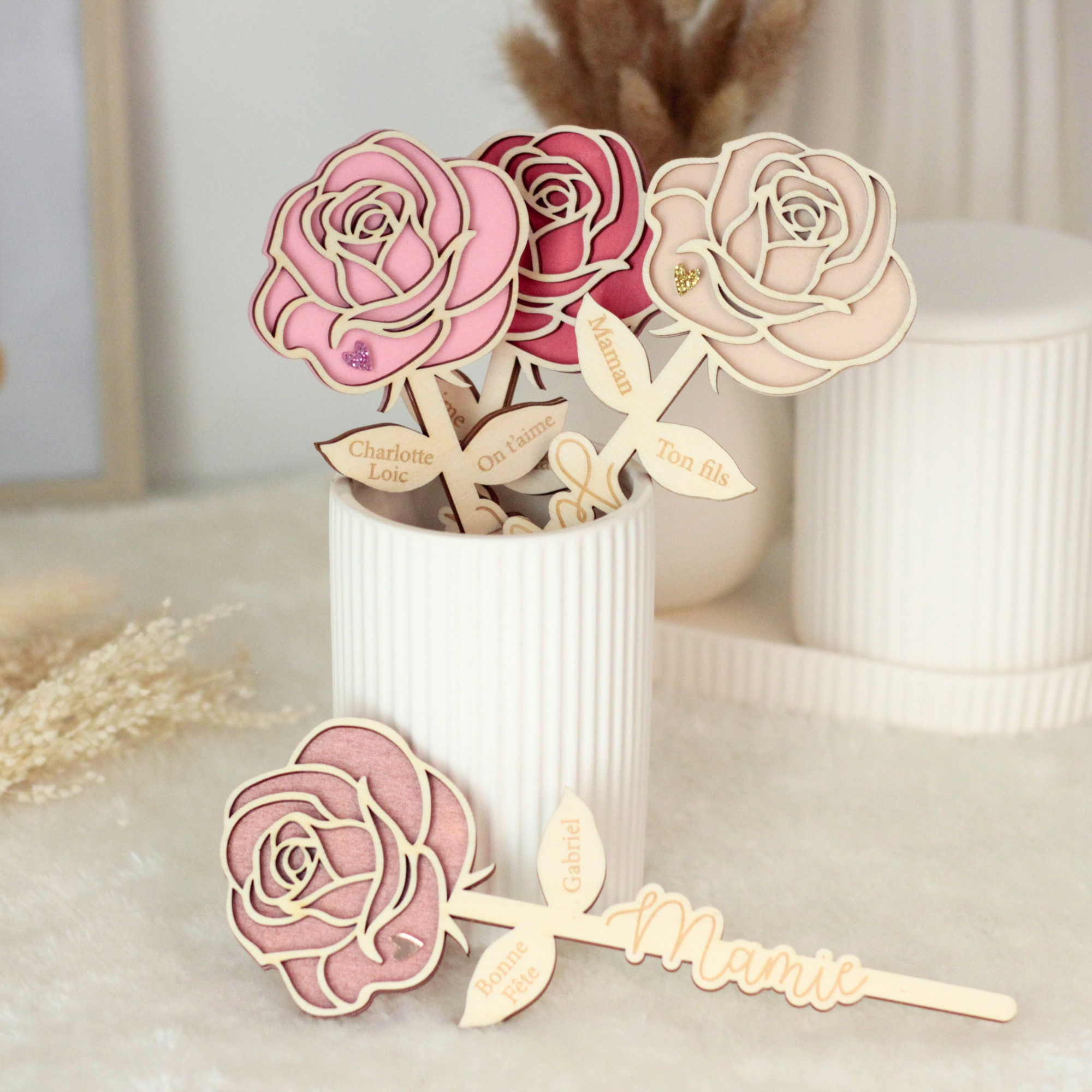 Fleurs en bois personnalisées pour cadeau fête des mères et cadeau mamie original