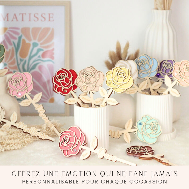 Fleur en bois personnalisée pour anniversaire, baptême, communion et fête des mères, fêtes des mamies, merci maîtresse