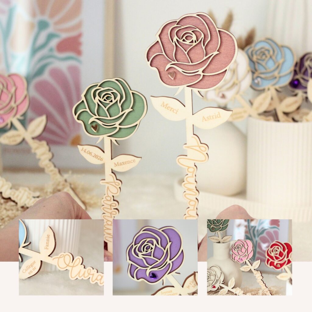 Décoration mariage bohème avec fleurs en bois personnalisées pastel