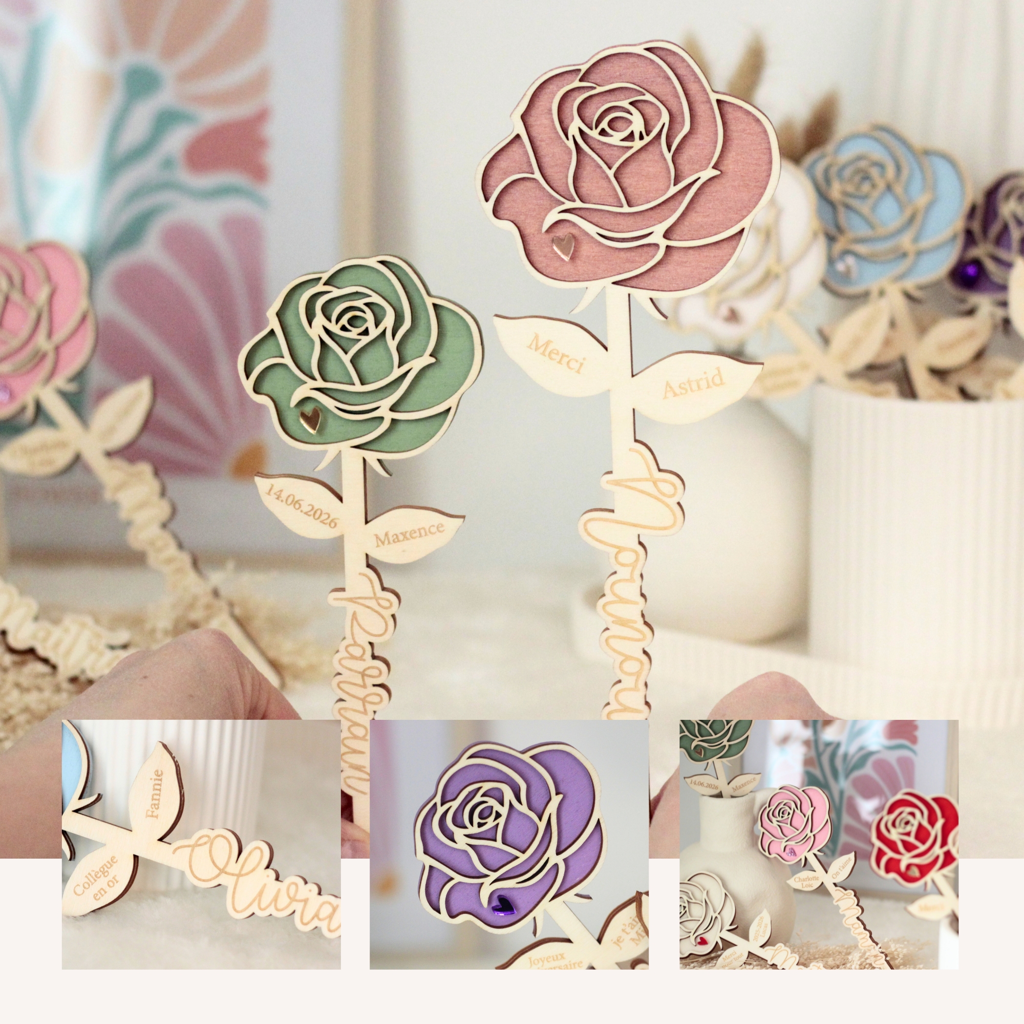 Décoration mariage bohème avec fleurs en bois personnalisées pastel