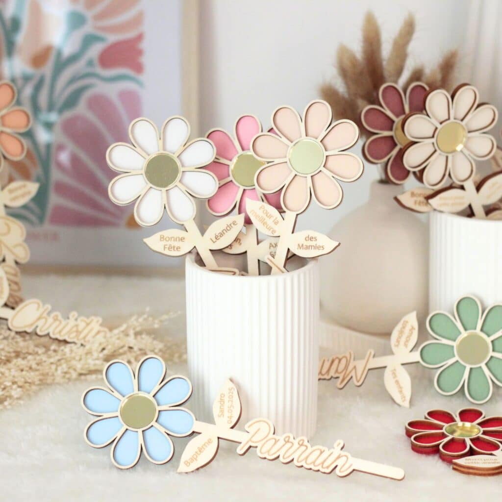 fleur en bois marguerite personnalisée cadeau maîtresse