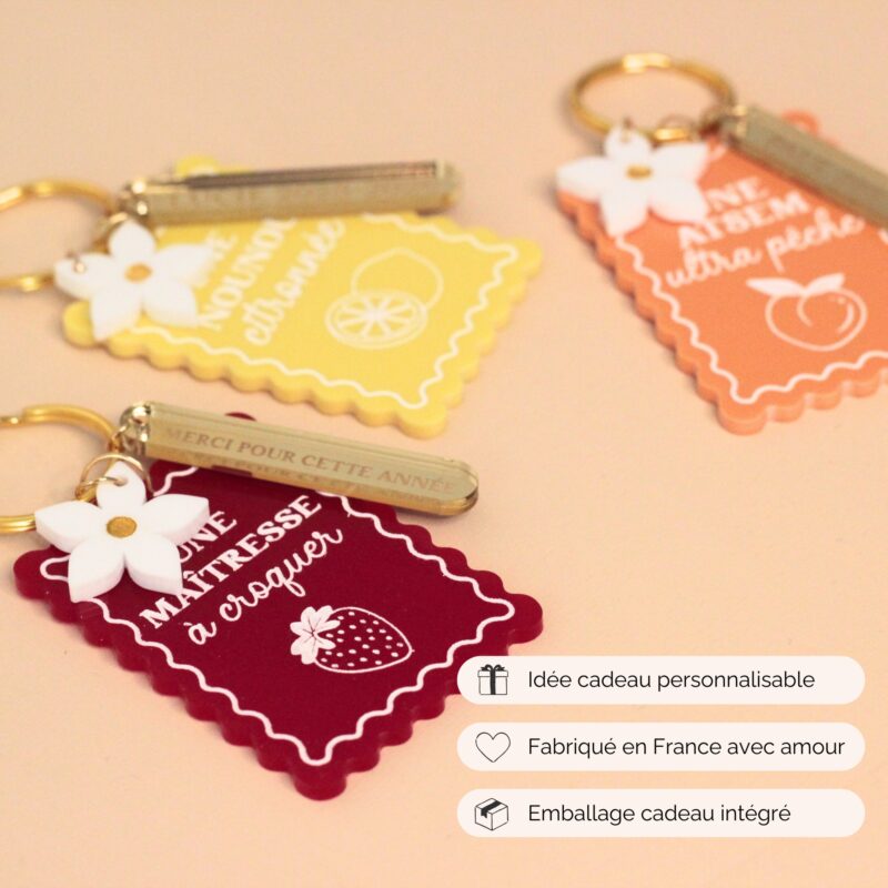 Cadeau ATSEM personnalisé porte-clés fruité Porte-clés personnalisé ATSEM, maîtresse et nounou en acrylique – cadeau fin d’année scolaire artisanal