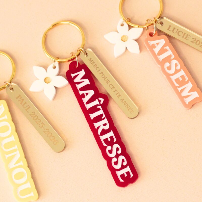 Porte-clé personnalisé marraine collection fruitée avec languette miroir doré