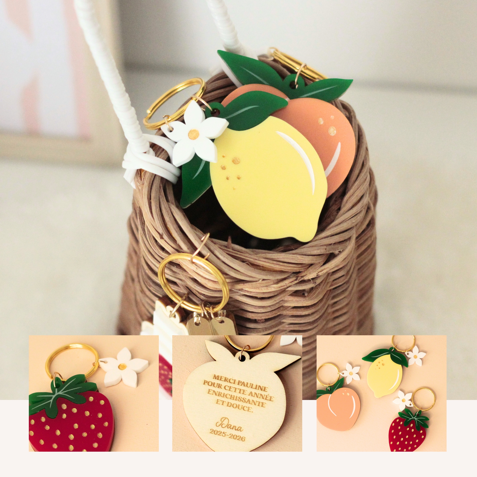Porte-clés pêche personnalisé artisanal 🍑 cadeau unique en bois pour toutes les occasions