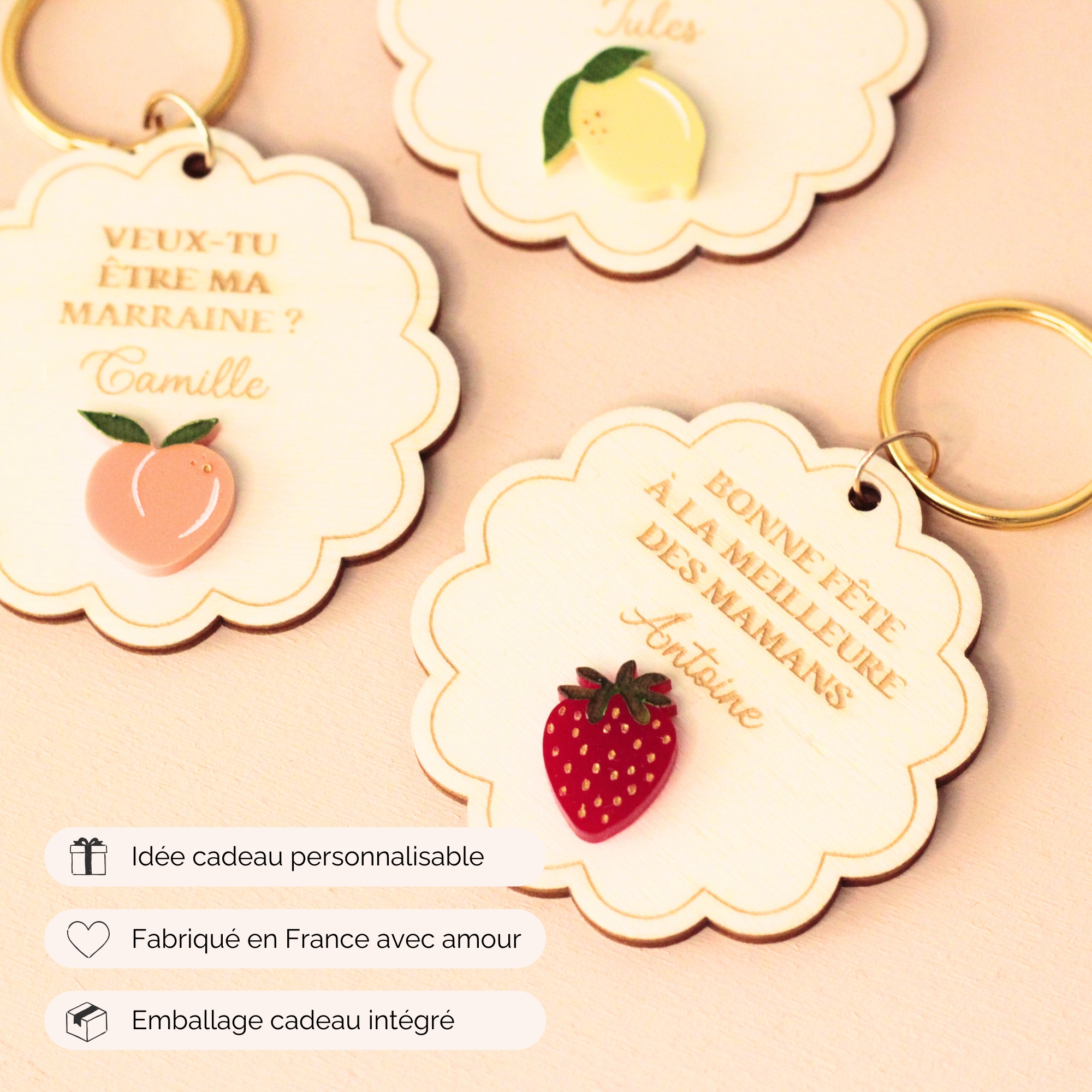 Porte-clés rond personnalisable avec fruits en acrylique – création artisanale française pour cadeau unique