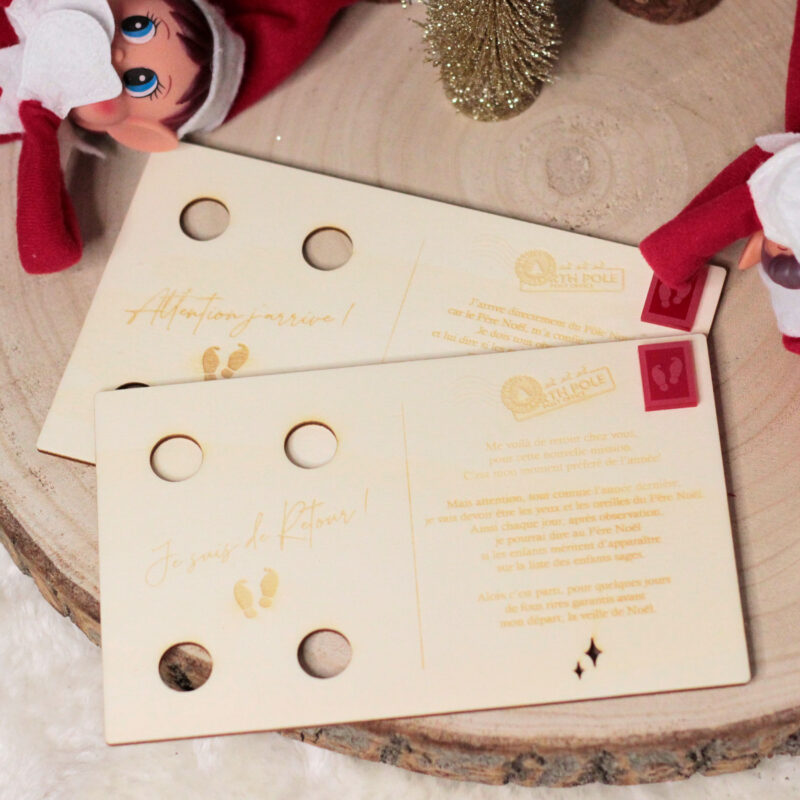 Carte d’arrivée du lutin farceur en bois