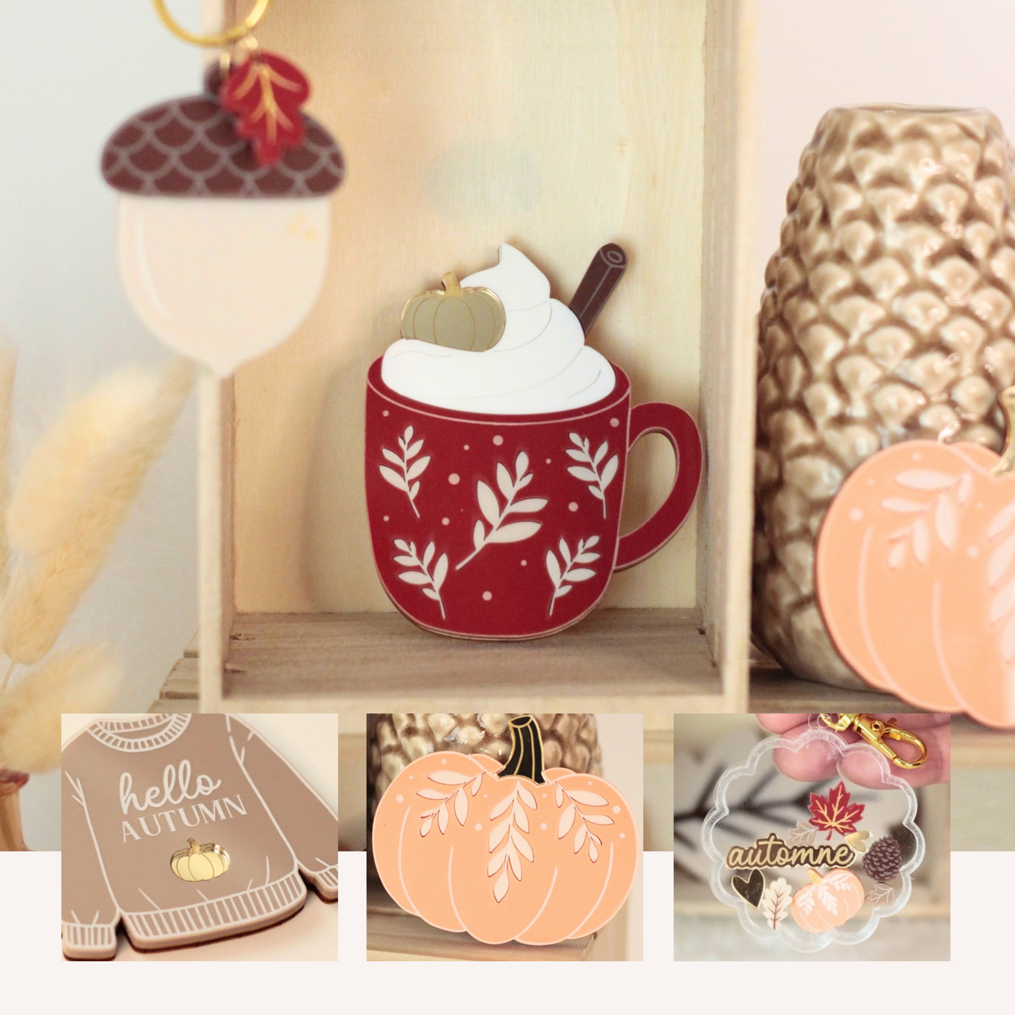 Magnet citrouille orange présenté dans une décoration d’automne avec bougies et accessoires saisonniers