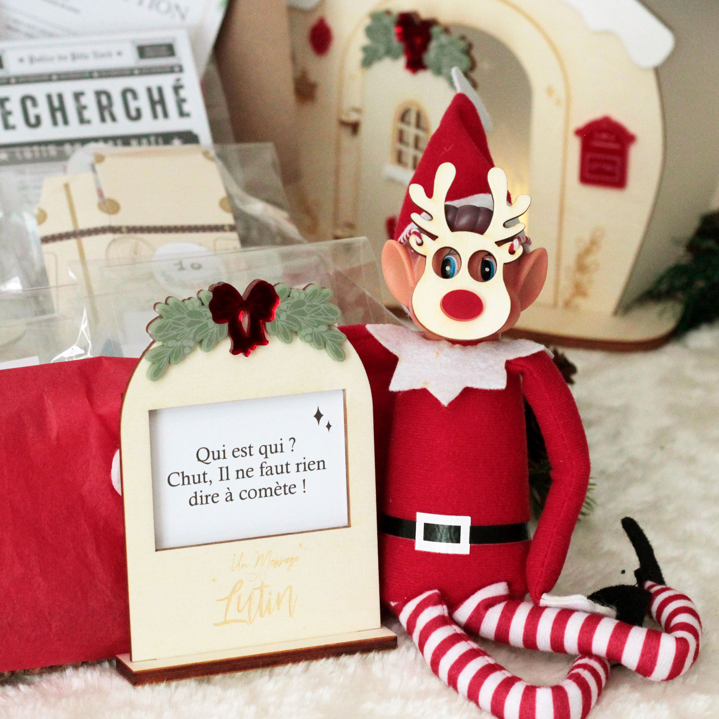 Lutin farceur de Noël avec pancarte message et accessoires
