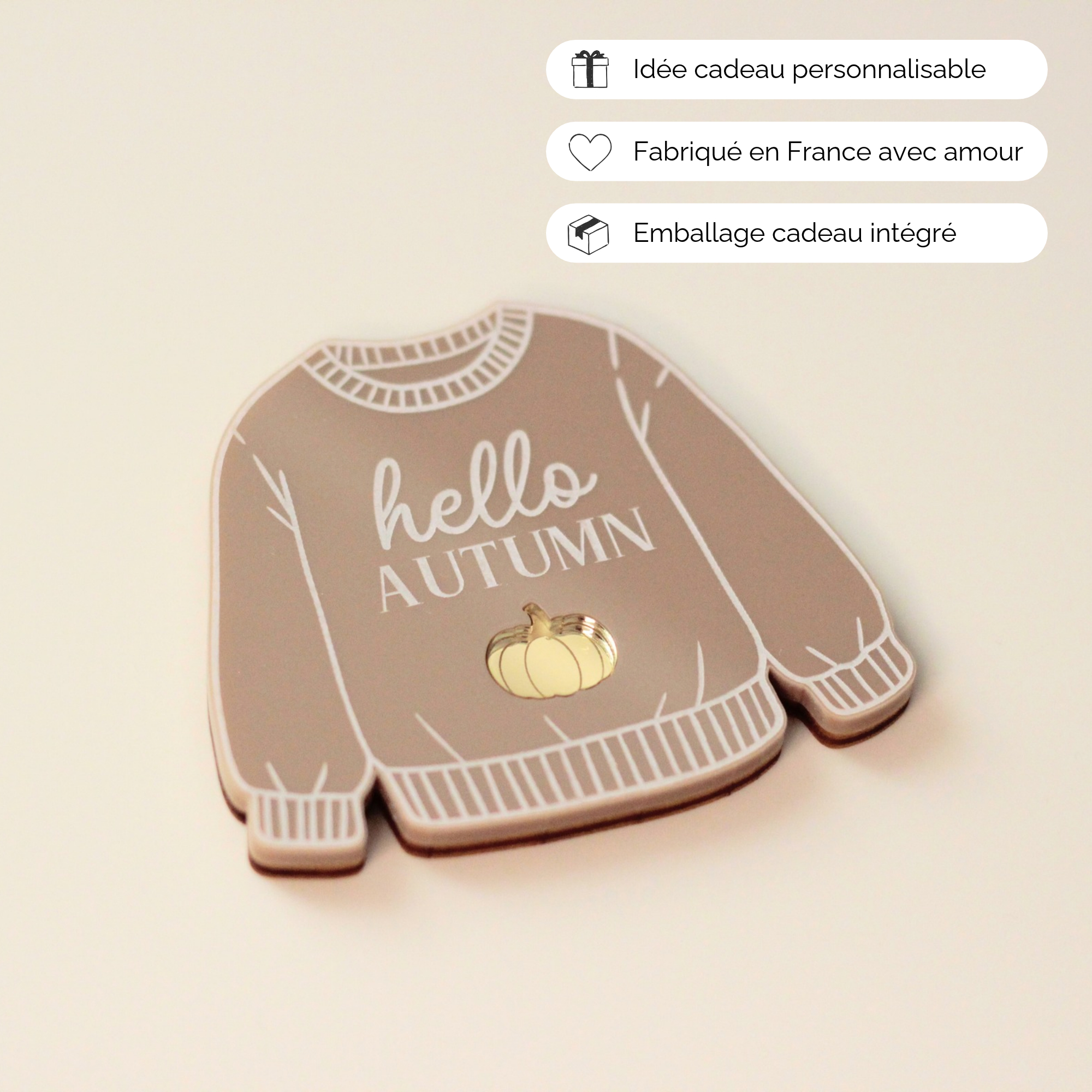 Magnet pull Hello Autumn moka avec détail citrouille dans une ambiance automnale