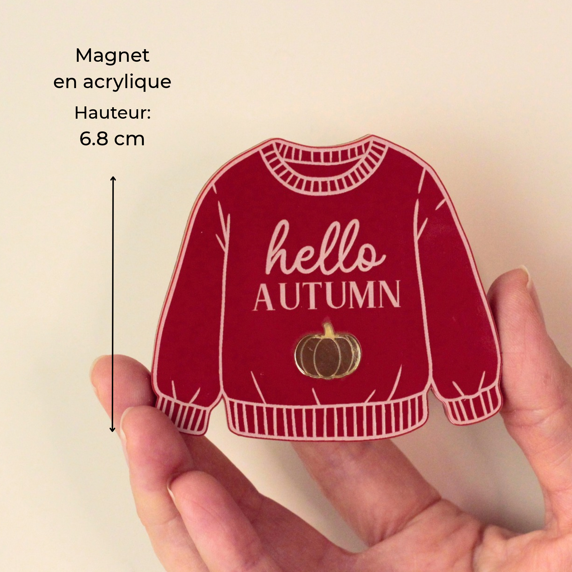 Magnet pull Hello Autumn terracotta en acrylique de 6,8 cm tenu à la main