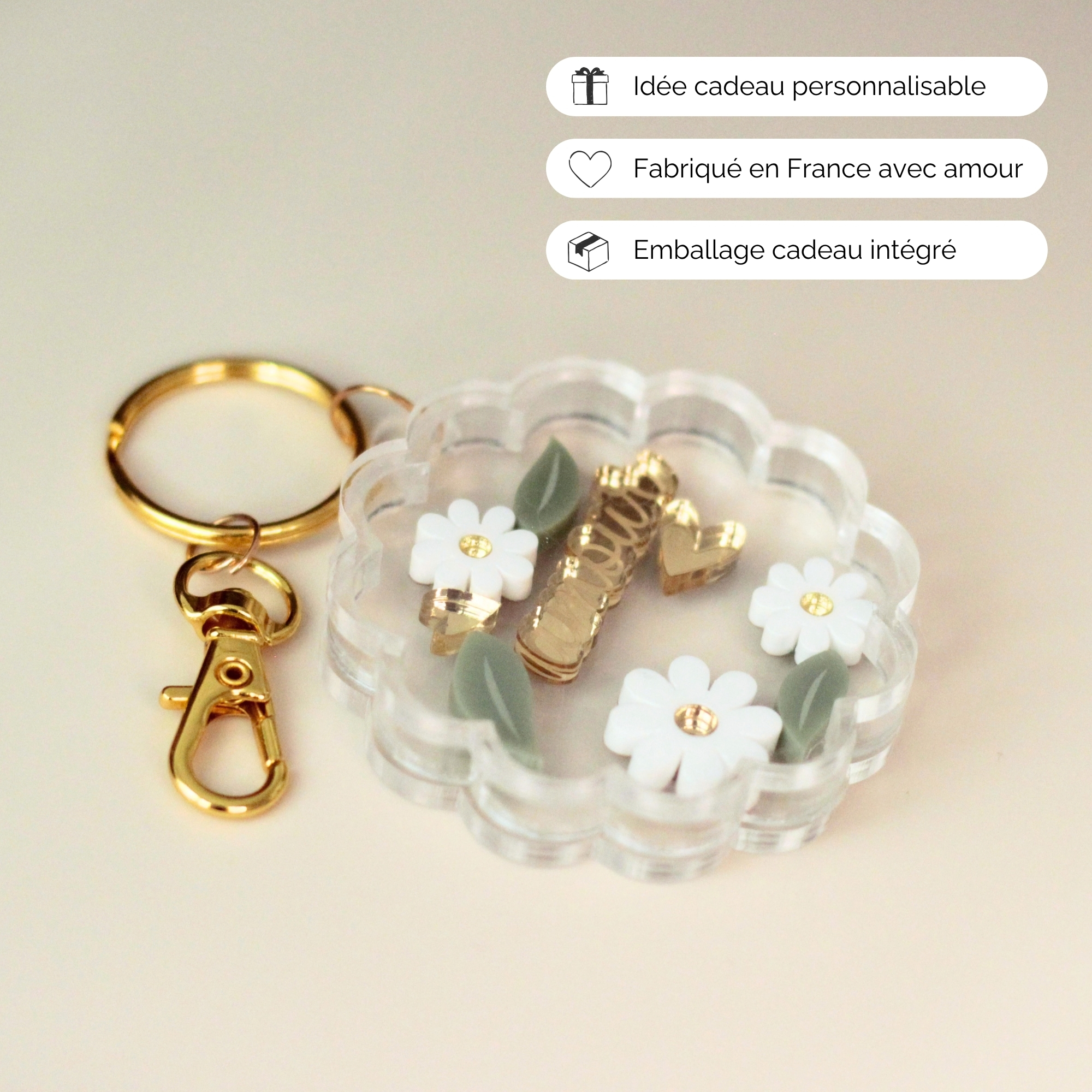 Porte-clé shaker marguerite avec fleurs et éléments décoratifs