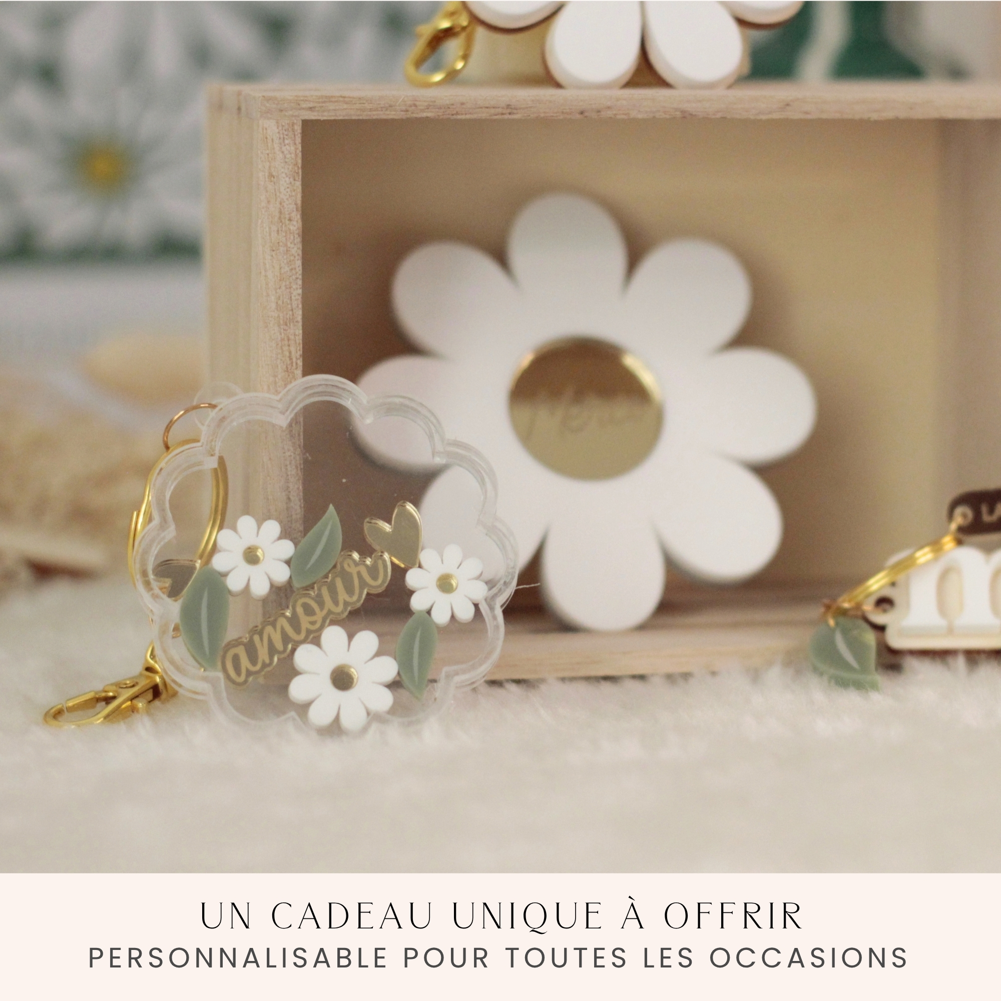 Porte-clé shaker marguerite personnalisé à offrir