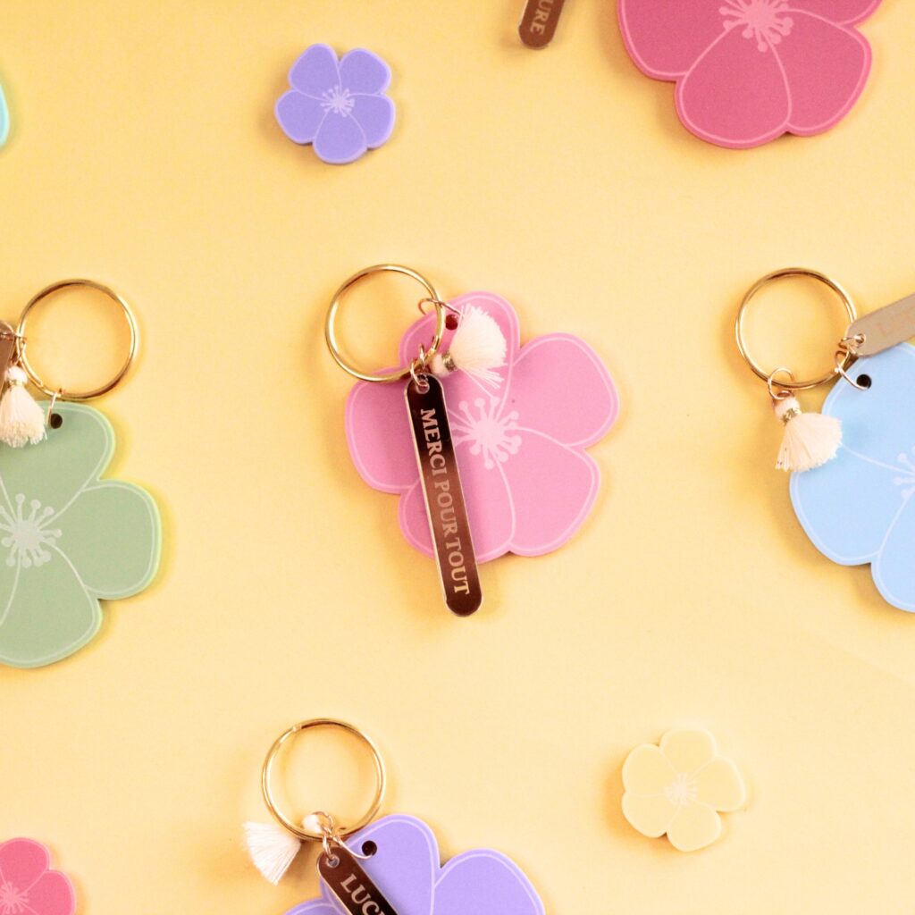 Porte-clés fleur anémone personnalisé avec prénom sur languette